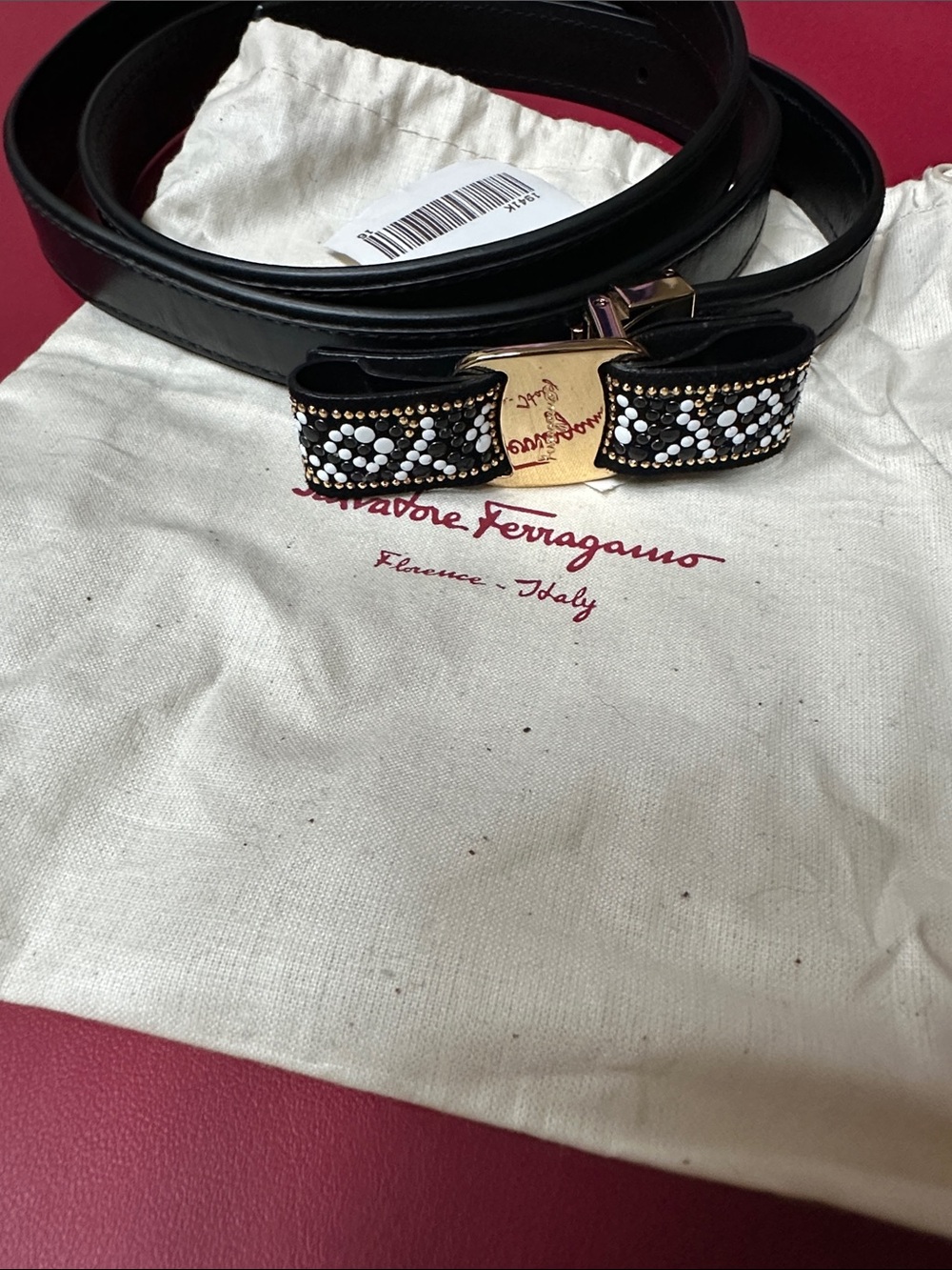 Salvatore Ferragamo Black Leather Bow Belt with Studded White Accent